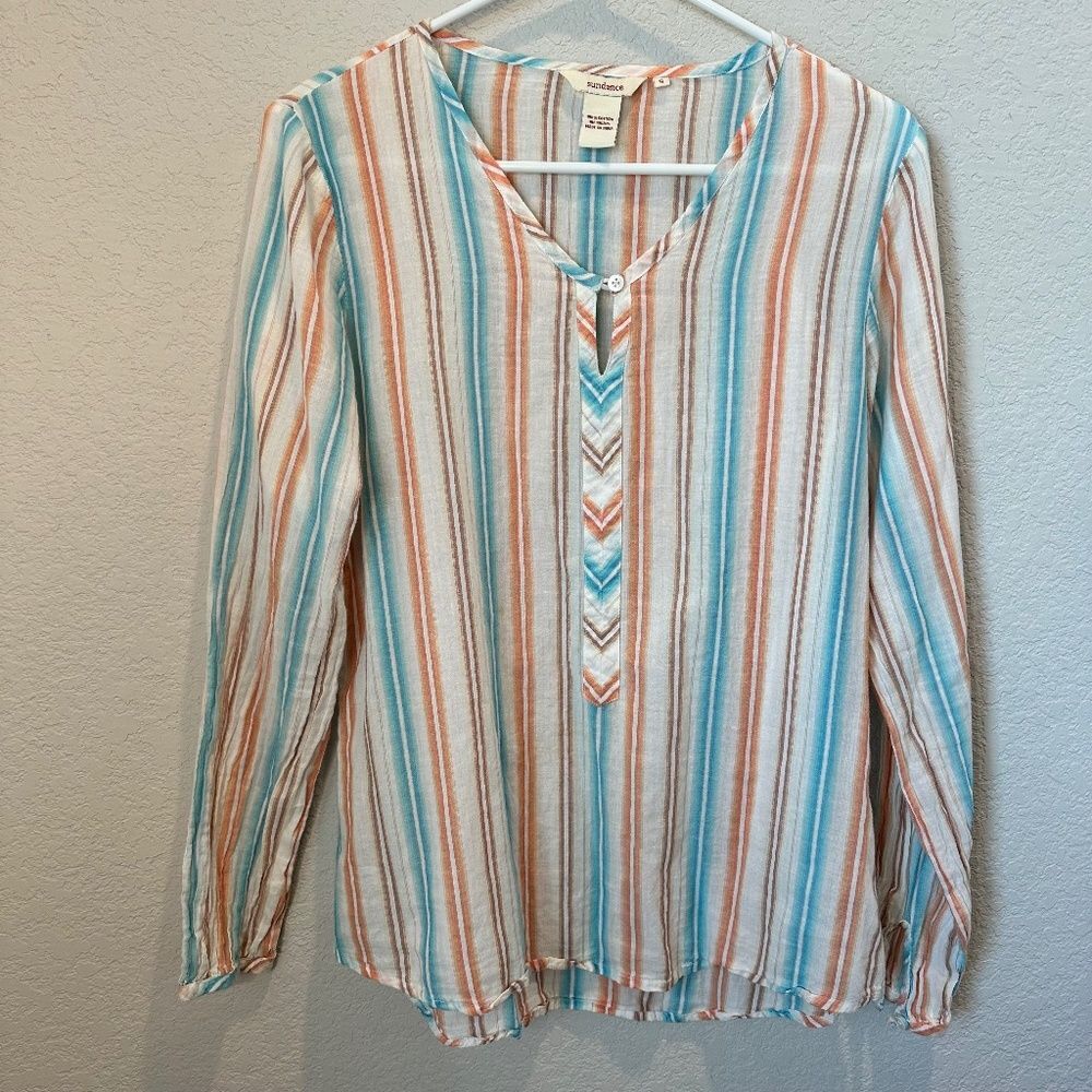 Sundance Orange Blue White 100% Lightweight Cotton Stripe V-Neck Blouse - Size S